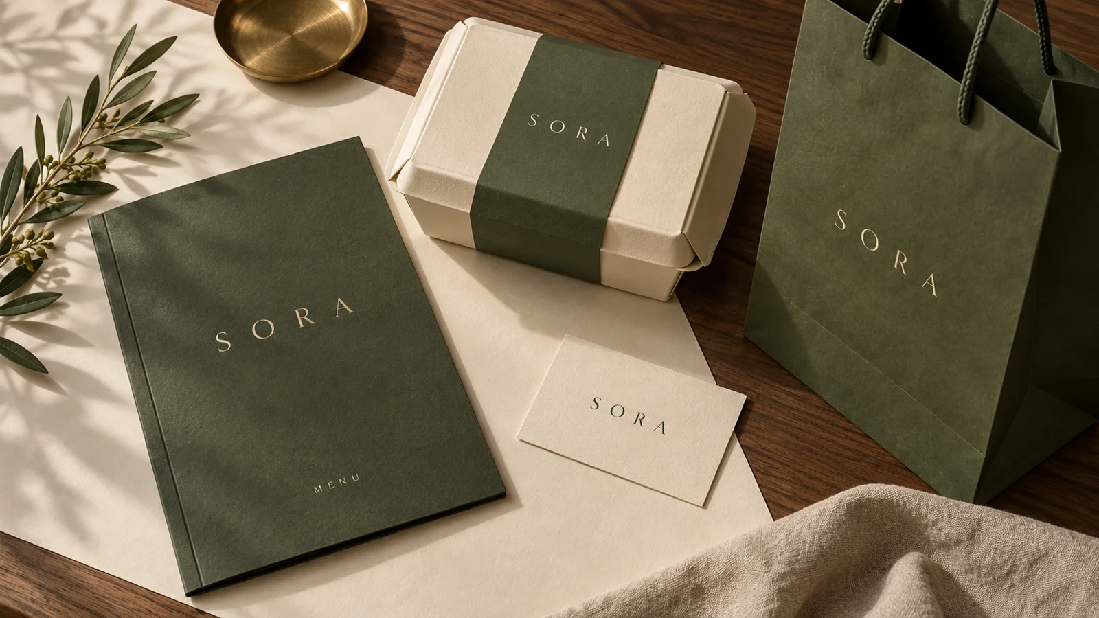 SORA koncept — meny, logotyp och förpackning i samma identitet