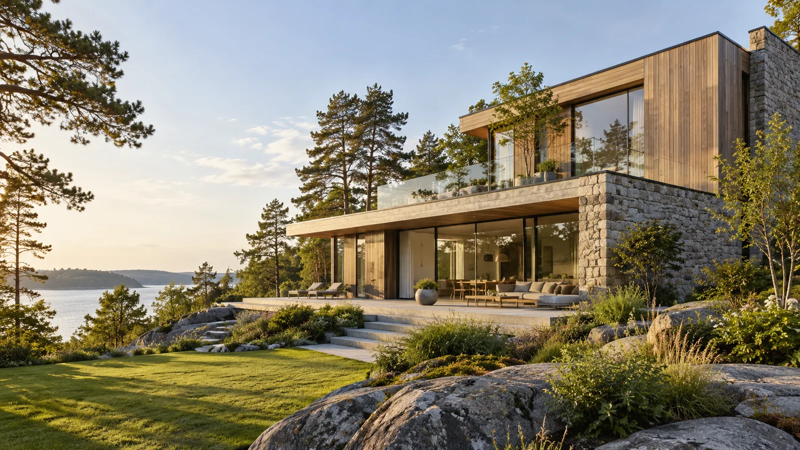 Modern villa i trä och sten — arkitekturkoncept